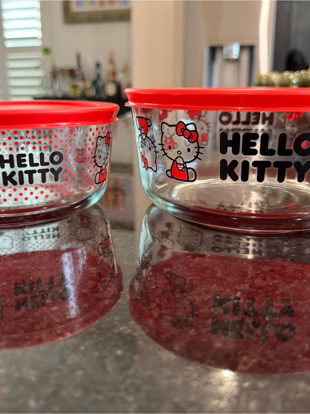Hello Kitty Clear Glass Bowls with Bright Red Lids